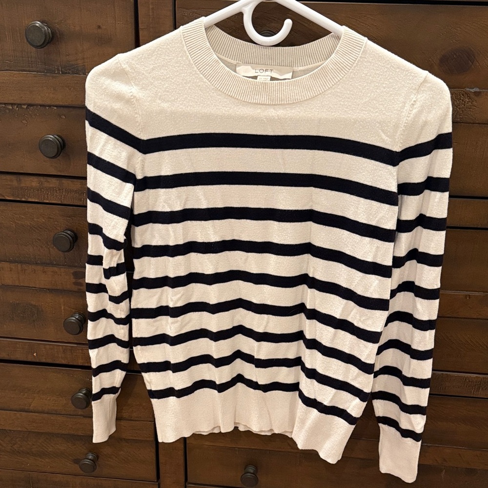LOFT Women’s Crewneck Sweater - Black and Cream Stripes